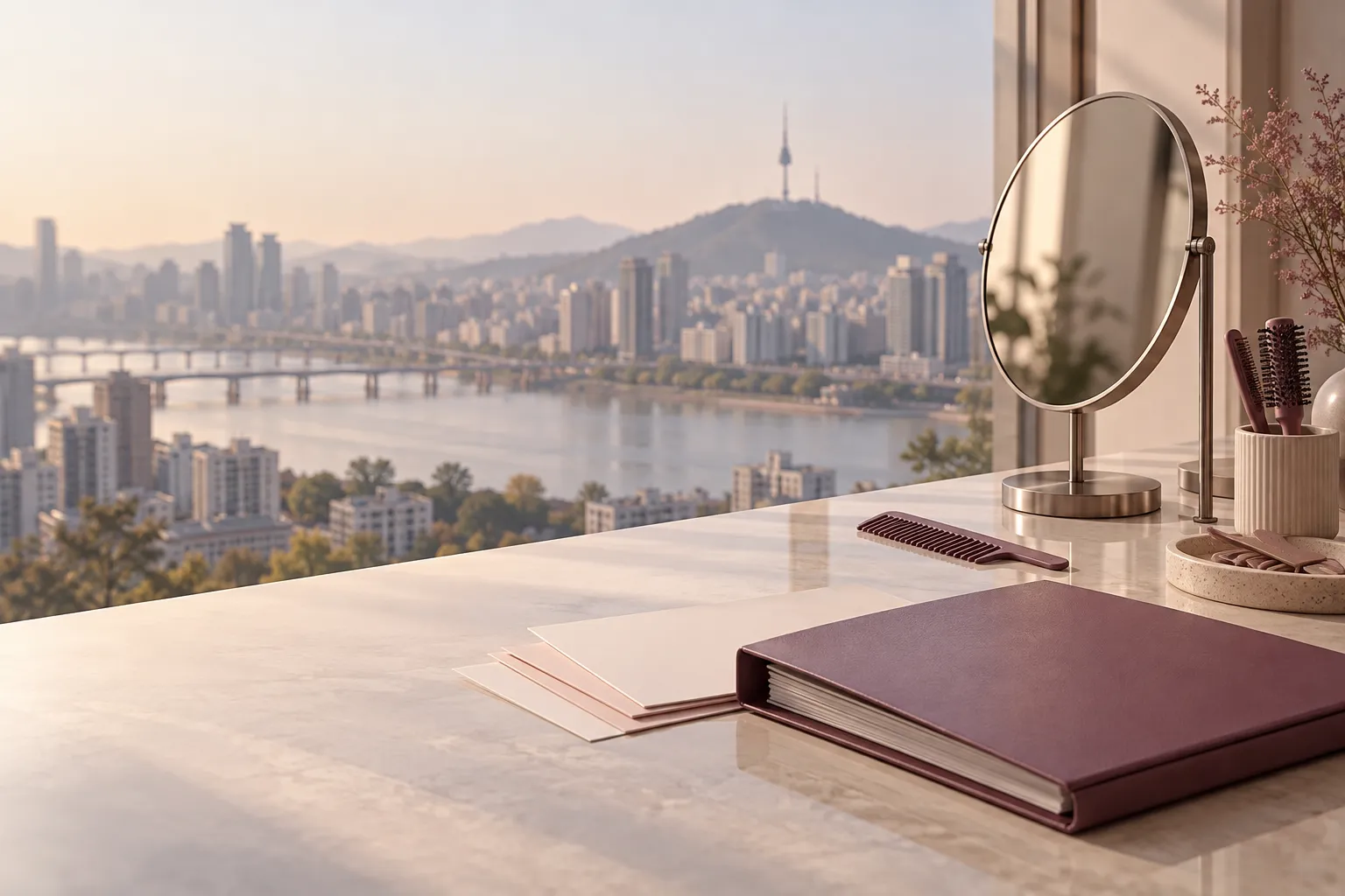 Concept beauty workspace with a mirror, comb, documents and a Seoul skyline